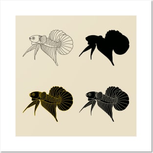 set of betta fish silhouette illustration, line art, and sign stamp Posters and Art